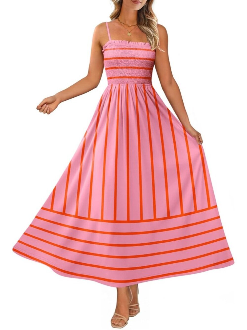 〽️Womens Red Striped Spaghetti Strap Smocked Casual Boho Beach Long Maxi Dresses